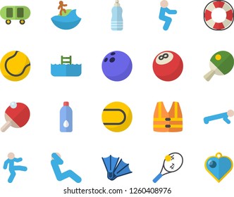 Color flat icon set bowling ball flat vector, skateboard, tennis, gymnastics, squats, push up, swing press, water, table, surfing fector, flippers, pool, life vest, lifebuoy, heart pendant