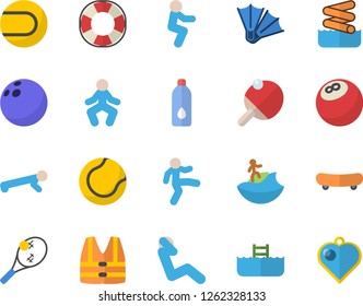 Color flat icon set bowling ball flat vector, skateboard, tennis, gymnastics, squats, push up, swing press, water, table, surfing fector, flippers, aquapark, pool, life vest, lifebuoy, heart pendant