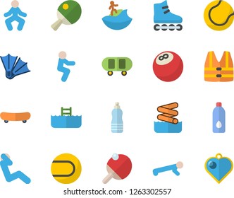 Color flat icon set bowling ball flat vector, skateboard, tennis, roller Skates, gymnastics, squats, push up, swing press, water, table, surfing fector, flippers, aquapark, pool, life vest