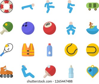 Color flat icon set bowling ball flat vector, skateboard, tennis, roller Skates, gymnastics, squats, push up, swing press, water, table, surfing fector, life vest, lifebuoy, heart pendant