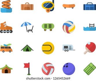 Color flat icon set bowling ball flat vector, skateboard, volleyball, sports flag, tennis, roller Skates, pool, table, sport bag, trailer fector, tent, chaise lounge, swimming mask, aquapark