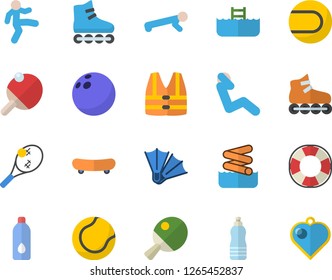Color flat icon set bowling ball flat vector, skateboard, tennis, roller Skates, gymnastics, push up, swing press, water, table, flippers fector, aquapark, pool, life vest, lifebuoy, heart pendant