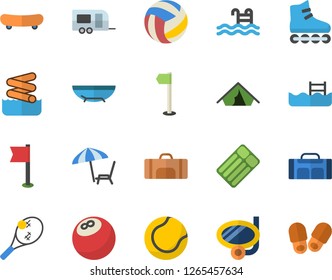 Color flat icon set bowling ball flat vector, skateboard, volleyball, sports flag, tennis, roller Skates, pool, sport bag, trailer fector, tent, sea beach, chaise lounge, swimming mask, aquapark