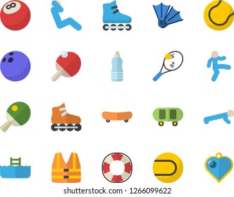 Color flat icon set bowling ball flat vector, skateboard, tennis, roller Skates, gymnastics, push up, swing press, water, table, flippers fector, pool, life vest, lifebuoy, heart pendant