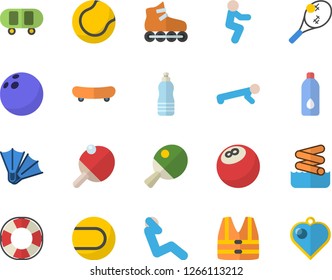 Color flat icon set bowling ball flat vector, skateboard, tennis, roller Skates, squats, push up, swing press, water, table, flippers fector, aquapark, life vest, lifebuoy, heart pendant