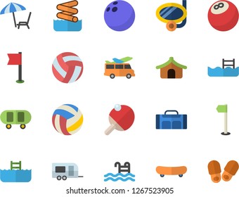Color flat icon set bowling ball flat vector, skateboard, volleyball, sports flag, pool, table tennis, sport bag, trailer fector, tent, chaise lounge, swimming mask, aquapark, transfer, slippers