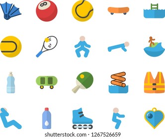 Color flat icon set bowling ball flat vector, skateboard, tennis, roller Skates, gymnastics, squats, push up, swing press, water, table, surfing fector, flippers, aquapark, pool, life vest
