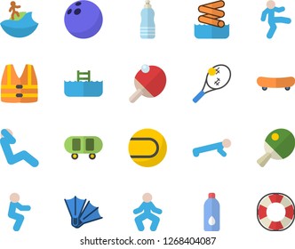 Color flat icon set bowling ball flat vector, skateboard, tennis, gymnastics, squats, push up, swing press, water, table, surfing fector, flippers, aquapark, pool, life vest, lifebuoy