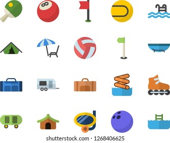 Color flat icon set bowling ball flat vector, skateboard, volleyball, sports flag, tennis, roller Skates, pool, table, sport bag, trailer fector, tent, sea beach, chaise lounge, swimming mask