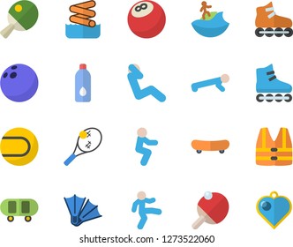 Color flat icon set bowling ball flat vector, skateboard, tennis, roller Skates, gymnastics, squats, push up, swing press, water, table, surfing fector, flippers, aquapark, life vest, heart pendant