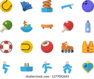 Color flat icon set bowling ball flat vector, skateboard, tennis, roller Skates, gymnastics, squats, push up, water, table, surfing fector, flippers, aquapark, pool, life vest, lifebuoy