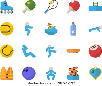 Color flat icon set bowling ball flat vector, skateboard, tennis, roller Skates, gymnastics, squats, push up, swing press, water, table, surfing fector, aquapark, pool, life vest, heart pendant