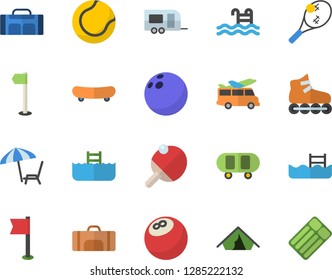 Color flat icon set bowling ball flat vector, skateboard, sports flag, tennis, roller Skates, pool, table, sport bag, trailer fector, tent, chaise lounge, transfer, inflatable mattress