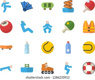 Color flat icon set bowling ball flat vector, skateboard, tennis, roller Skates, gymnastics, squats, push up, swing press, water, table, flippers fector, aquapark, pool, life vest, lifebuoy