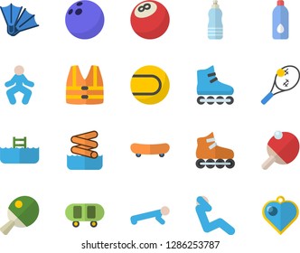 Color flat icon set bowling ball flat vector, skateboard, tennis, roller Skates, gymnastics, push up, swing press, water, table, flippers fector, aquapark, pool, life vest, heart pendant
