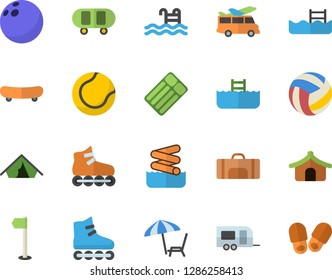 Color flat icon set bowling ball flat vector, skateboard, volleyball, sports flag, tennis, roller Skates, pool, sport bag, trailer fector, tent, chaise lounge, aquapark, transfer, slippers