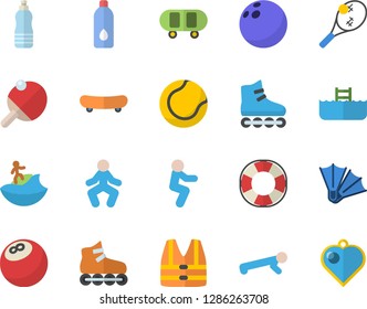Color flat icon set bowling ball flat vector, skateboard, tennis, roller Skates, gymnastics, squats, push up, water, table, surfing fector, flippers, pool, life vest, lifebuoy, heart pendant