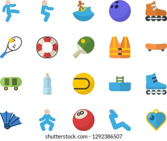 Color flat icon set bowling ball flat vector, skateboard, tennis, roller Skates, gymnastics, squats, swing press, water, table, surfing fector, flippers, pool, life vest, lifebuoy, heart pendant