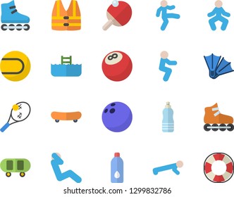 Color flat icon set bowling ball flat vector, skateboard, tennis, roller Skates, gymnastics, squats, push up, swing press, water, table, flippers fector, pool, life vest, lifebuoy