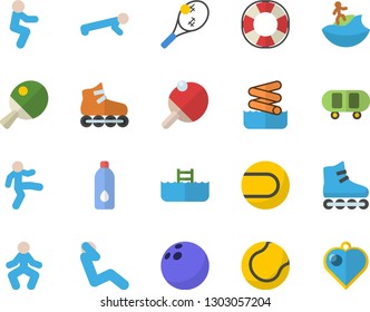 Color flat icon set bowling ball flat vector, skateboard, tennis, roller Skates, gymnastics, squats, push up, swing press, water, table, surfing, aquapark, pool, lifebuoy, heart pendant