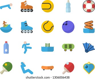 Color flat icon set bowling ball flat vector, skateboard, tennis, roller Skates, gymnastics, push up, swing press, water, table, surfing fector, flippers, aquapark, pool, lifebuoy, heart pendant