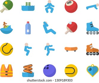 Color flat icon set bowling ball flat vector, skateboard, tennis, roller Skates, gymnastics, squats, push up, swing press, water, table, surfing vector, aquapark, pool, life vest, heart pendant