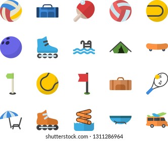 Color flat icon set bowling ball flat vector, skateboard, volleyball, sports flag, tennis, roller Skates, pool, table, sport bag, tent fector, sea beach, chaise lounge, aquapark, transfer