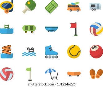 Color flat icon set bowling ball flat vector, skateboard, volleyball, sports flag, tennis, roller Skates, pool, table, trailer fector, sea beach, chaise lounge, swimming mask, aquapark, transfer