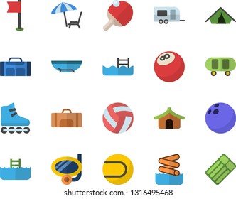 Color flat icon set bowling ball flat vector, skateboard, volleyball, sports flag, tennis, roller Skates, pool, table, sport bag, trailer fector, tent, sea beach, chaise lounge, swimming mask