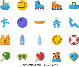 Color flat icon set bowling ball flat vector, skateboard, tennis, roller Skates, gymnastics, swing press, water, table, surfing fector, aquapark, pool, life vest, lifebuoy, heart pendant