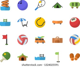Color flat icon set bowling ball flat vector, skateboard, volleyball, sports flag, tennis, pool, table, sport bag, tent fector, chaise lounge, aquapark, transfer, slippers