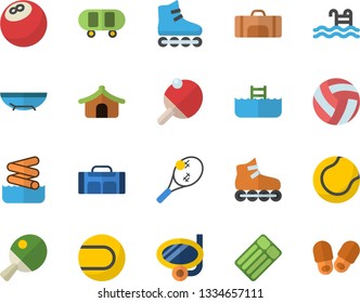 Color flat icon set bowling ball flat vector, skateboard, volleyball, tennis, roller Skates, pool, table, sport bag, tent fector, sea beach, swimming mask, aquapark, inflatable mattress, slippers