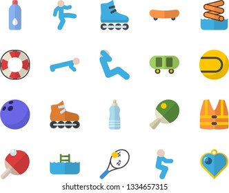 Color flat icon set bowling ball flat vector, skateboard, tennis, roller Skates, gymnastics, squats, push up, swing press, water, table, aquapark fector, pool, life vest, lifebuoy, heart pendant