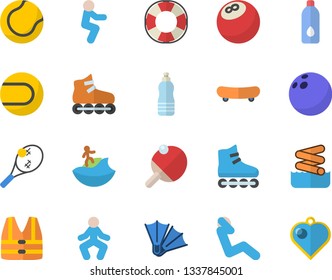 Color flat icon set bowling ball flat vector, skateboard, tennis, roller Skates, gymnastics, squats, swing press, water, table, surfing fector, flippers, aquapark, life vest, lifebuoy, heart pendant