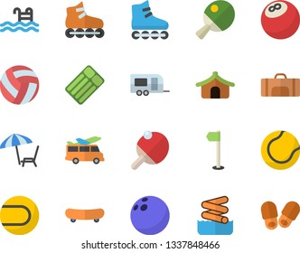 Color flat icon set bowling ball flat vector, skateboard, volleyball, sports flag, tennis, roller Skates, pool, table, sport bag, trailer fector, tent, chaise lounge, aquapark, transfer, slippers