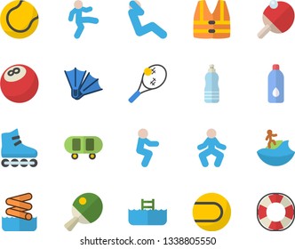 Color flat icon set bowling ball flat vector, skateboard, tennis, roller Skates, gymnastics, squats, swing press, water, table, surfing fector, flippers, aquapark, pool, life vest, lifebuoy