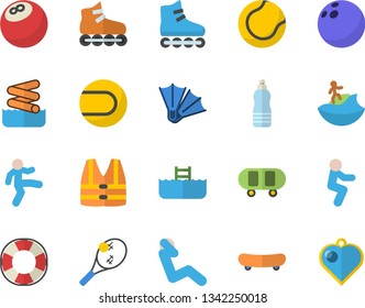 Color flat icon set bowling ball flat vector, skateboard, tennis, roller Skates, gymnastics, squats, swing press, water, surfing fector, flippers, aquapark, pool, life vest, lifebuoy, heart pendant