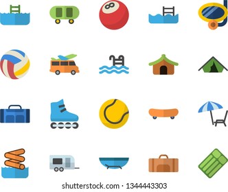 Color flat icon set bowling ball flat vector, skateboard, volleyball, tennis, roller Skates, pool, sport bag, trailer fector, tent, sea beach, chaise lounge, swimming mask, aquapark, transfer