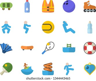 Color flat icon set bowling ball flat vector, skateboard, tennis, roller Skates, gymnastics, squats, swing press, water, table, surfing fector, flippers, aquapark, pool, life vest, lifebuoy