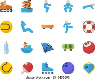 Color flat icon set bowling ball flat vector, skateboard, tennis, roller Skates, gymnastics, squats, push up, swing press, water, table, surfing  , flippers, aquapark, lifebuoy, heart pendant