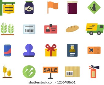 Color flat icon set bread flat vector, lemonade, jam, ear, signboard, flag, present, sell out, trucking, barcode, sperm, badge, stamp, ticket fector, pets allowed, fire extinguisher