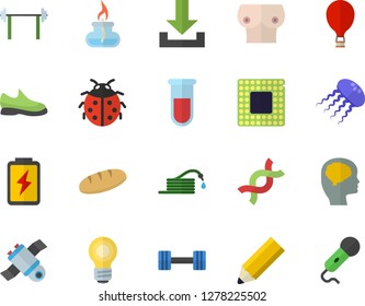 Color flat icon set bread flat vector, ladybird, hose, battery, blood test, breast, DNA, pencil, satellit, bulb, gas burner, cpu, brain fector, dumbbell, barbell, sneakers, balloon, jellyfish