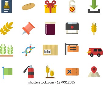 Color flat icon set bread flat vector, jam, ear, signboard, flag, present, trucking, barcode, DNA, badge, stamp, pushpin, ticket fector, do not disturb, download, fire extinguisher, location