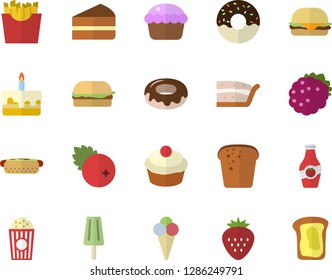 Color flat icon set bread flat vector, hamburger, hot dog, cupcake, piece of cake, donut, French fries, popcorn, ice cream, cranberry, Strawberry, blackberry, ketchup, sandwich