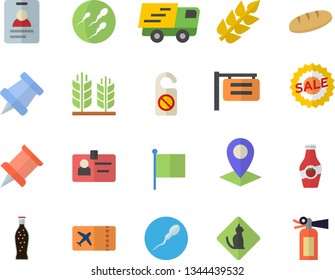 Color flat icon set bread flat vector, lemonade, ketchup, signboard, location, flag, sell out, trucking, sperm, badge, pushpin, ear, ticket fector, pets allowed, do not disturb, fire extinguisher