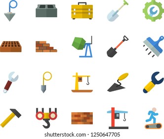 Color flat icon set brick wall flat vector, hook, concrete mixer, trowel, tool bag, repair, putty knife, construction plummet, hammer, shovel, crane, wrench, Treadmill