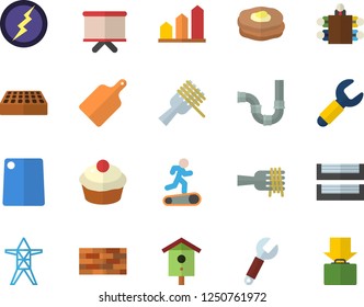 Color flat icon set brick wall flat vector, pipes, cutting board, spaghetti on a fork, cupcake, pancakes, nesting box, power line support, wrench, flipchart, meeting, paper tray, lightning