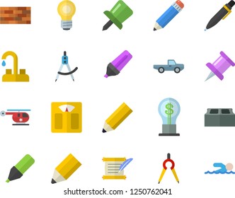 Color flat icon set brick wall flat vector, faucet, pickup truck, dividers, marker, idea, helicopter, drawing pin, pencil, pen, bulb, hostory roll, weighing machine, swimming