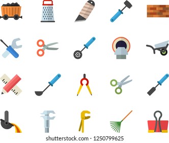 Color flat icon set brick wall flat vector, tool, measure, stationery knife, ladle, kitchen spatula, spoon, meat hammer, grater, rake, garden wheelbarrow, dividers, mining, metallurgy, trammel