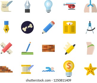 Color flat icon set brick wall flat vector, measure, rolling pin, dividers, idea, helicopter, bone fracture, lungs, ink pen, pencil, bulb, hostory roll, weighing machine, buttocks, swimming